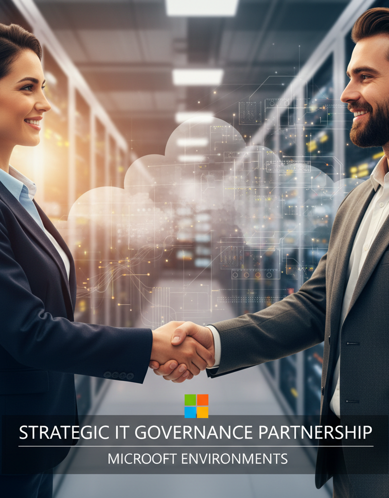 A handshake between two business professionals in front of a blurred background of a data centre or cloud infrastructure, symbolising a partnership in IT governance.