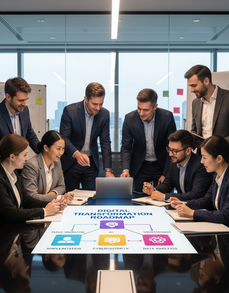 A diverse team of business professionals and IT consultants collaborating around a tablet displaying a digital transformation roadmap, in a modern office setting.