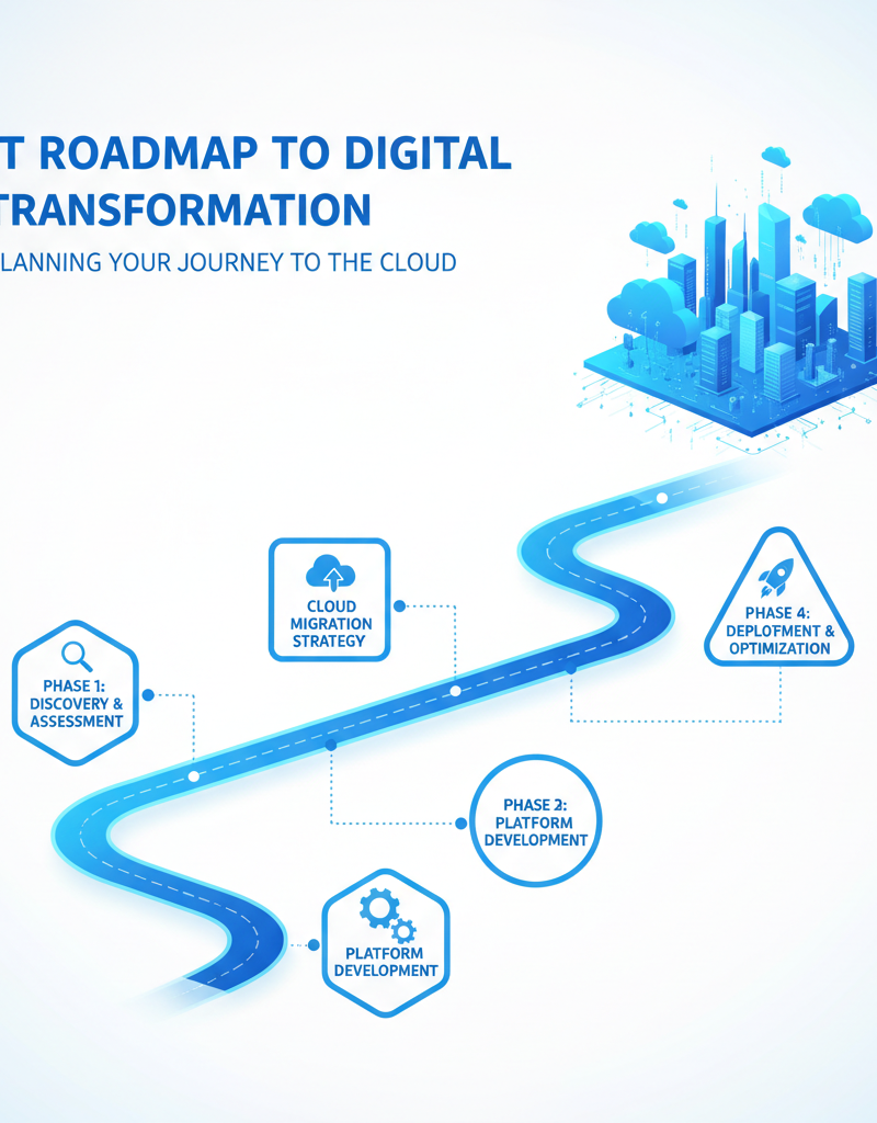 A strategic visual showing a winding road (roadmap) leading to a modern cloud-based city, symbolising IT roadmap planning and digital transformation.