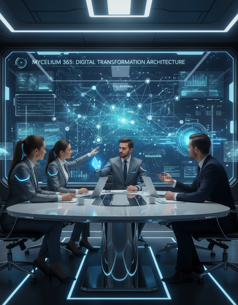 Mycelium 365 consultants in a meeting room, actively discussing IT strategy and digital transformation plans with a client.