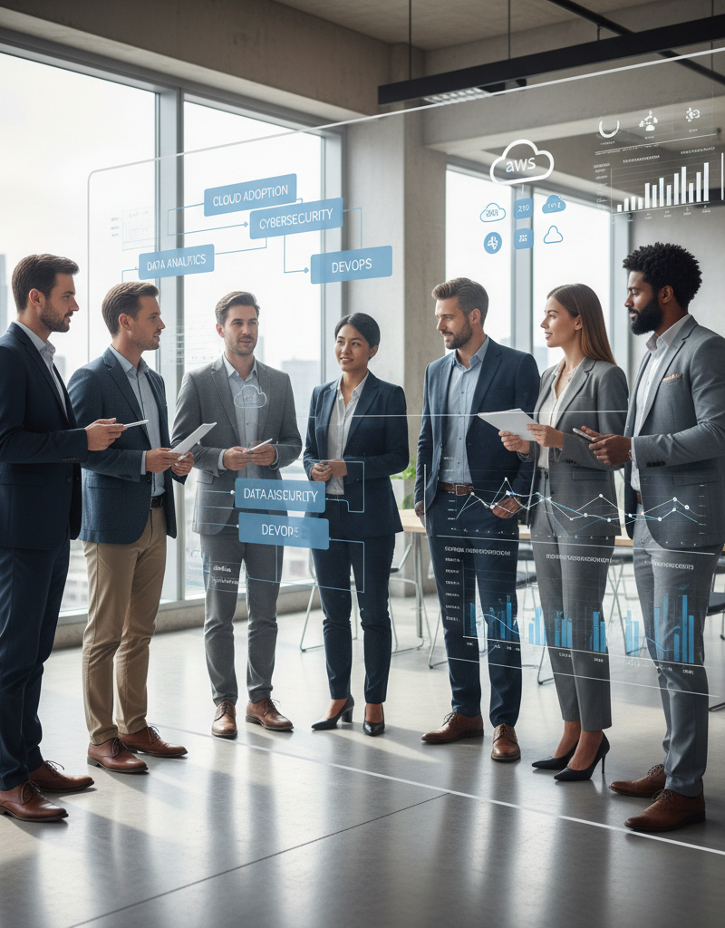 A diverse team of professionals collaborating around a large digital display showing IT strategy frameworks and data visualisations