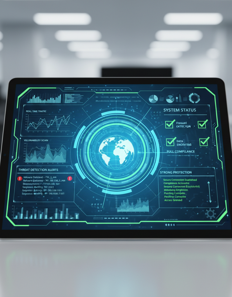 A close-up of a tablet screen displaying a cybersecurity dashboard with green checkmarks, signifying strong protection, with a blurred office background