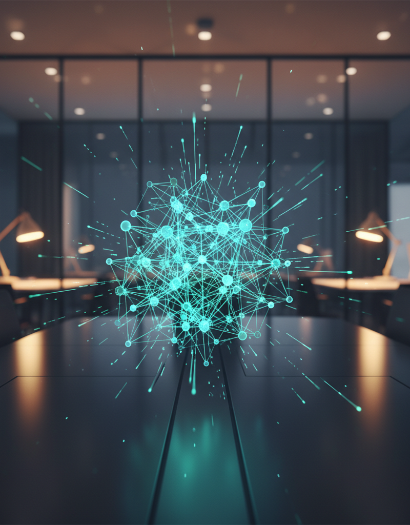 An abstract representation of interconnected digital nodes and data flow, symbolising efficient IT infrastructure and cloud services