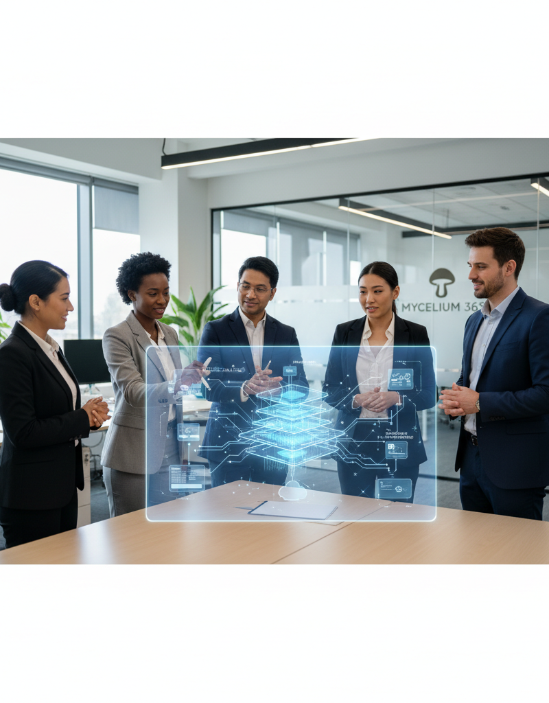 A diverse team of IT professionals from Mycelium 365 collaborating around a holographic display showing network architecture and cloud infrastructure, with a modern, bright office setting in the background.