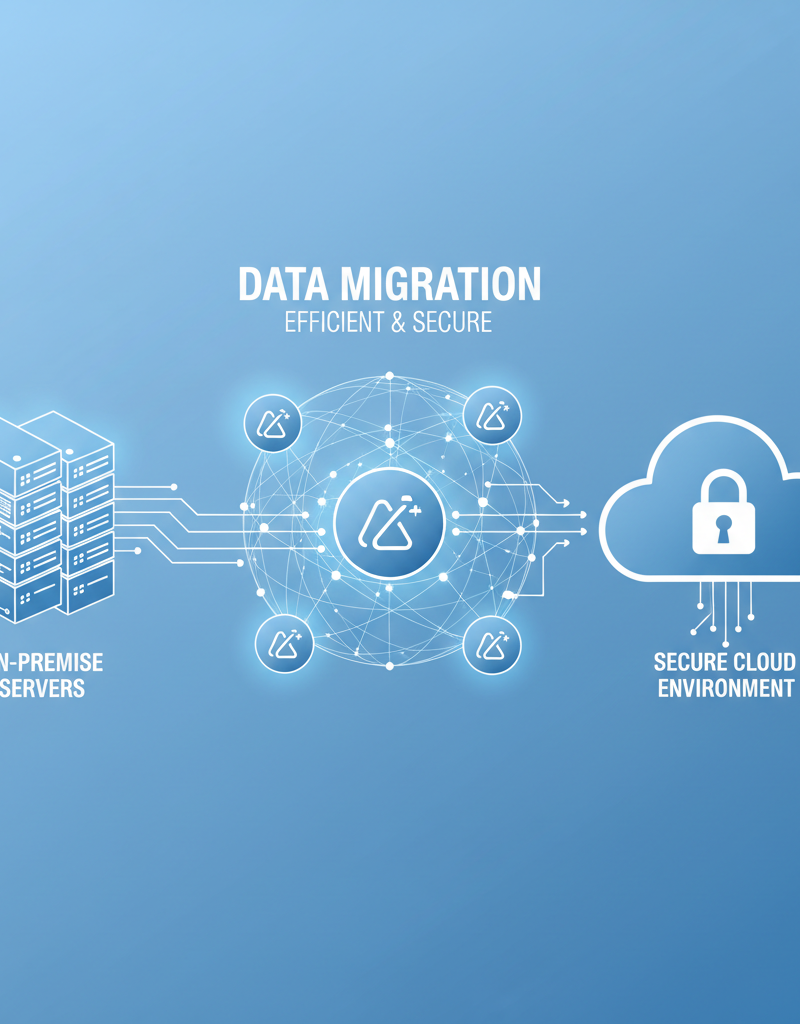 An abstract visualisation of data flowing seamlessly from on-premise servers into a secure cloud environment, represented by interconnected global networks and Microsoft Azure logos, illustrating a successful cloud migration.