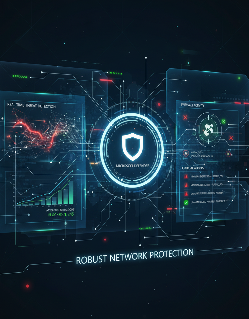 A sophisticated cybersecurity dashboard displaying real-time threat detection, firewall activity, and alerts, with a prominent Microsoft Defender logo, indicating robust protection for a business network.