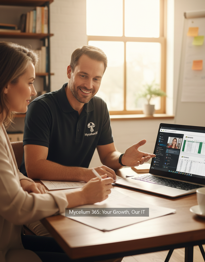 A Mycelium 365 IT expert providing dedicated, friendly support to a small business owner, demonstrating a collaborative partnership, with a laptop showing Microsoft 365 applications in use.