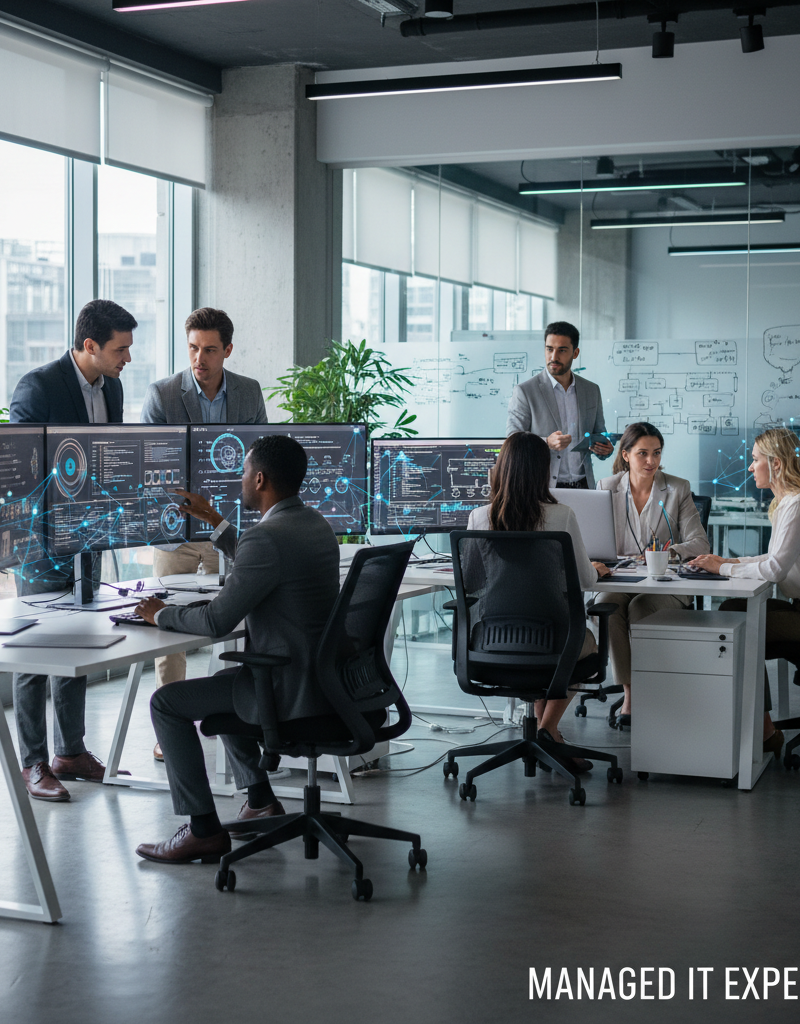 A diverse team of IT professionals collaboratively working in a modern office, reviewing data on multiple screens, symbolising comprehensive managed IT support.