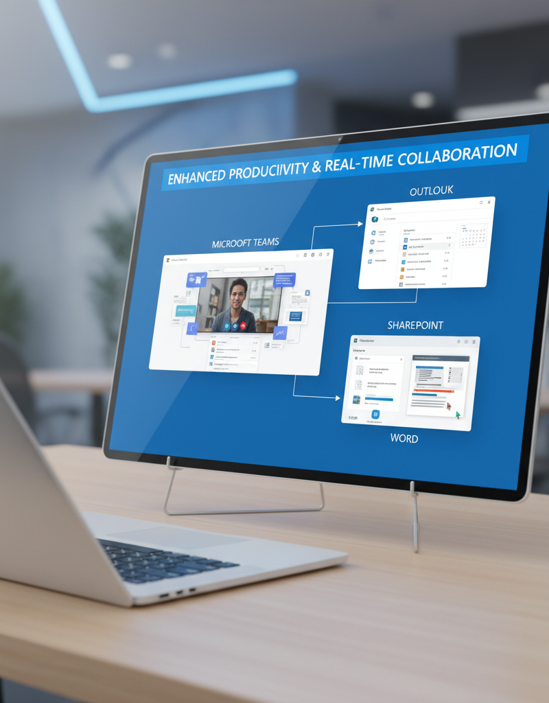 A screen displaying Microsoft 365 applications like Teams, Outlook, and SharePoint, illustrating seamless integration and collaboration features.