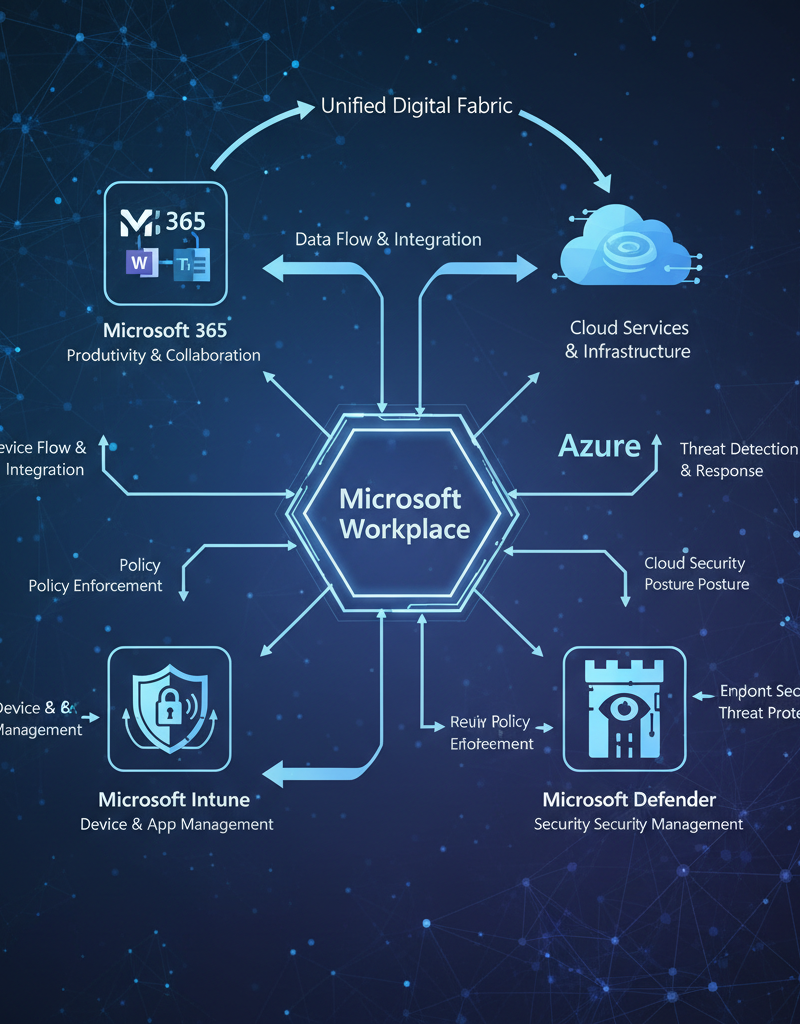 A schematic diagram illustrating the interconnected components of a Microsoft Modern Workplace, including Microsoft 365, Azure, Intune, and Defender, with arrows showing data flow and security.