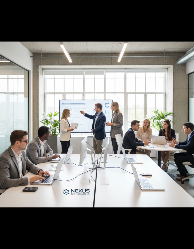 A modern office setting with employees collaborating on laptops, showcasing the seamless integration of technology in a workplace environment.