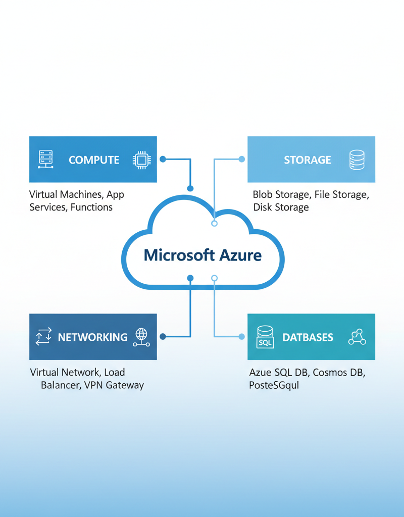 A diagram illustrating the various services offered within the Microsoft Azure platform, including compute, storage, networking, and databases.