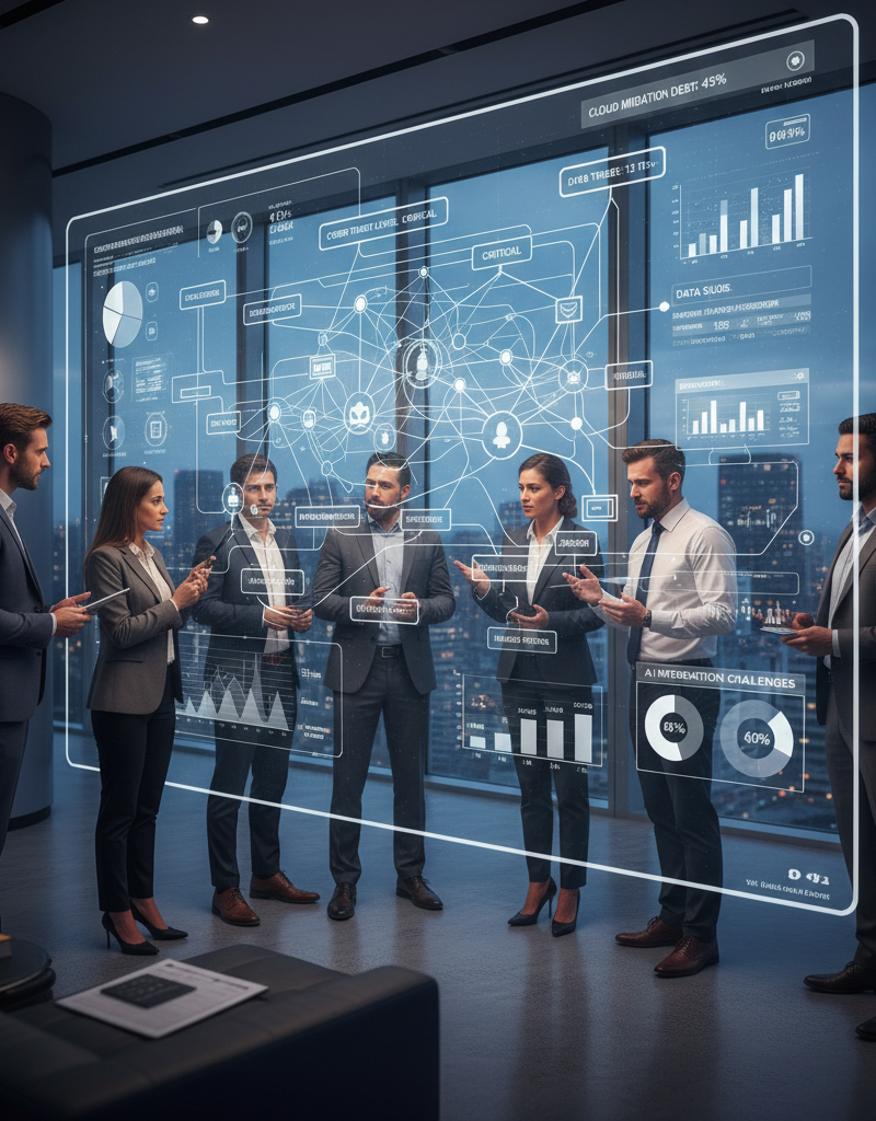 IT professionals collaborating on a complex network diagram, representing business IT challenges