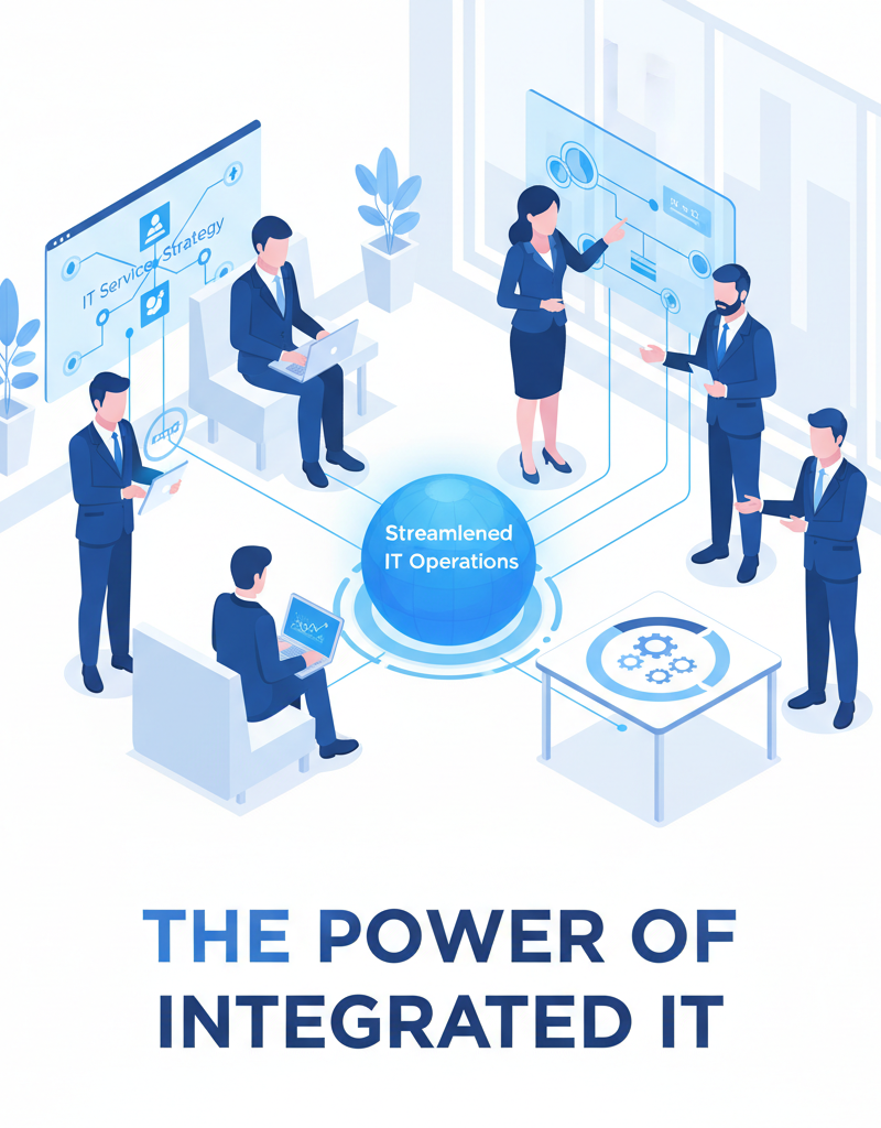 A diverse team collaborates in a modern office, leveraging integrated technology, representing efficient IT operations