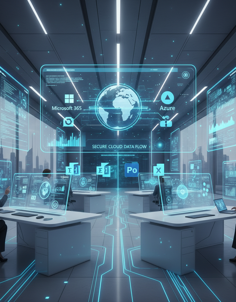 A futuristic office environment with holographic interfaces, showcasing seamless integration of Microsoft Modern Workplace technologies