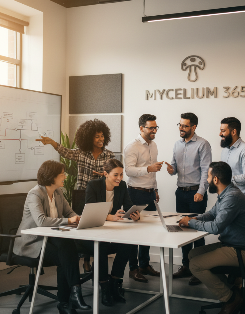 Mycelium 365 team members smiling and working collaboratively in a modern office, representing expert managed IT services
