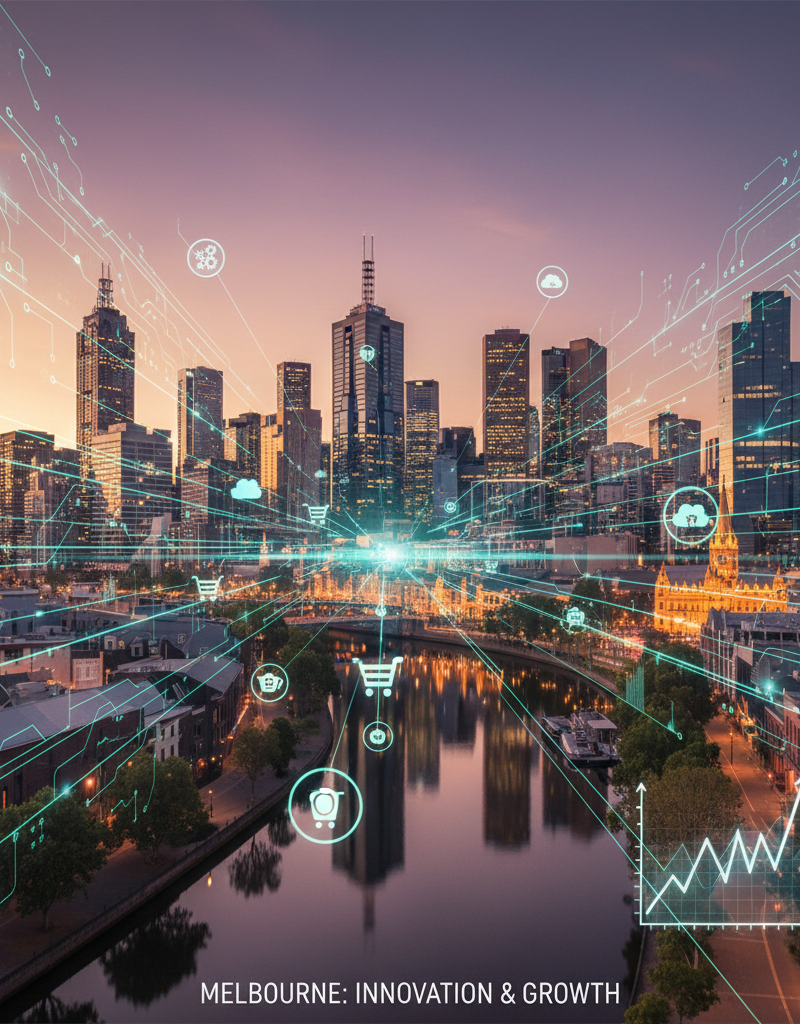 Melbourne skyline with digital overlay representing technology and local business
