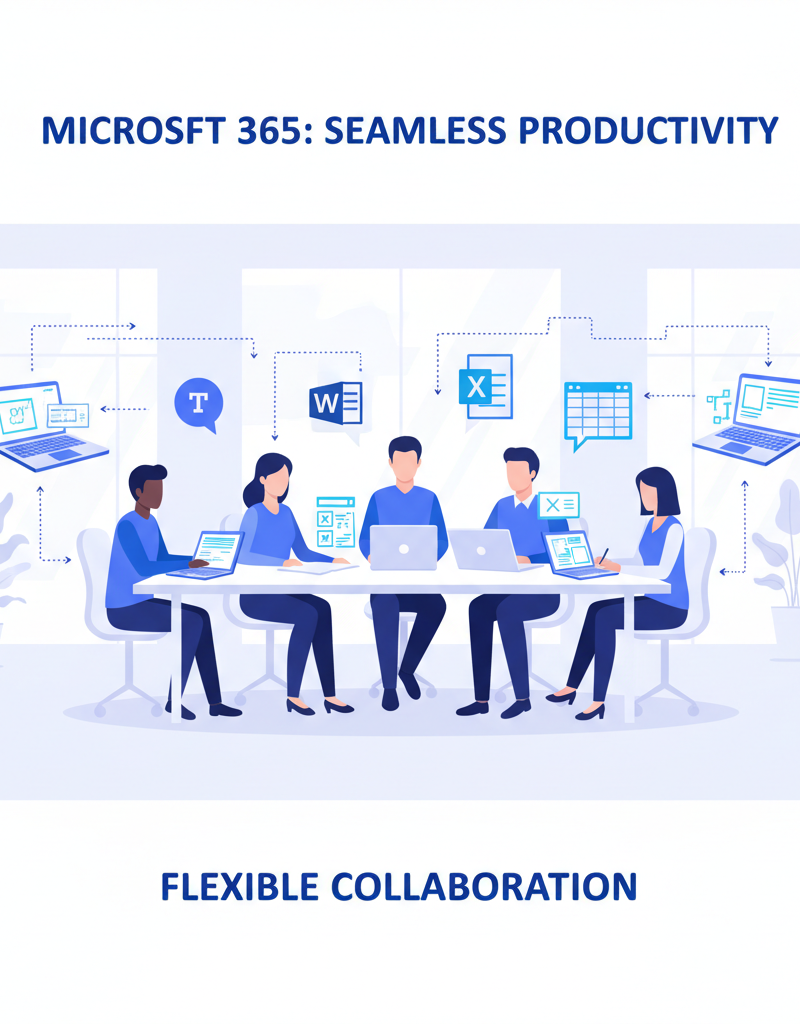 Diverse team collaborating seamlessly using Microsoft 365 tools across different devices in a modern office setting