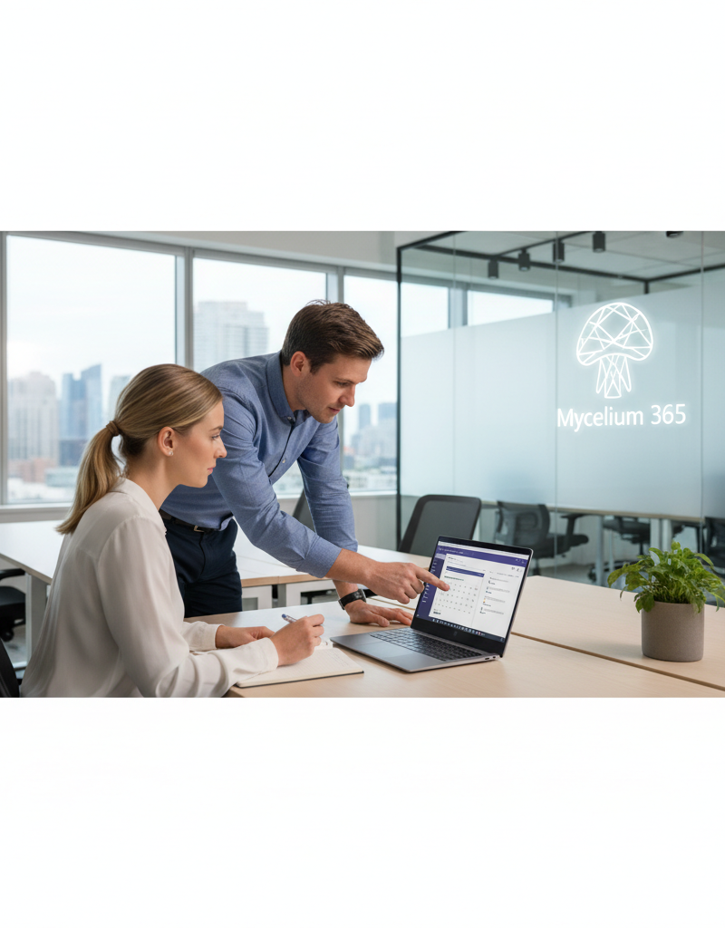 A technician assisting a user with a Microsoft 365 application on their laptop, set in a modern office environment. The Mycelium 365 logo is subtly displayed in the background.