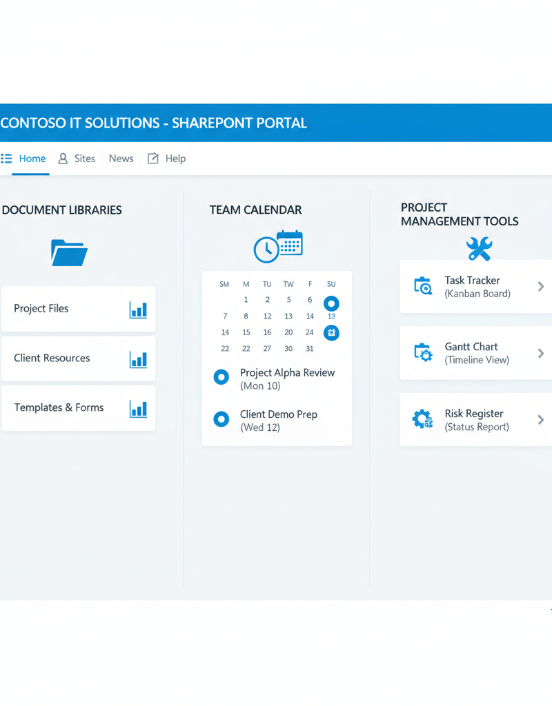 A screenshot of a well-organized SharePoint site, showcasing document libraries, team calendars, and project management tools.