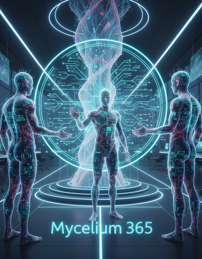 A team of Mycelium 365 IT professionals collaborating in a modern office environment, discussing a network diagram on a large screen.