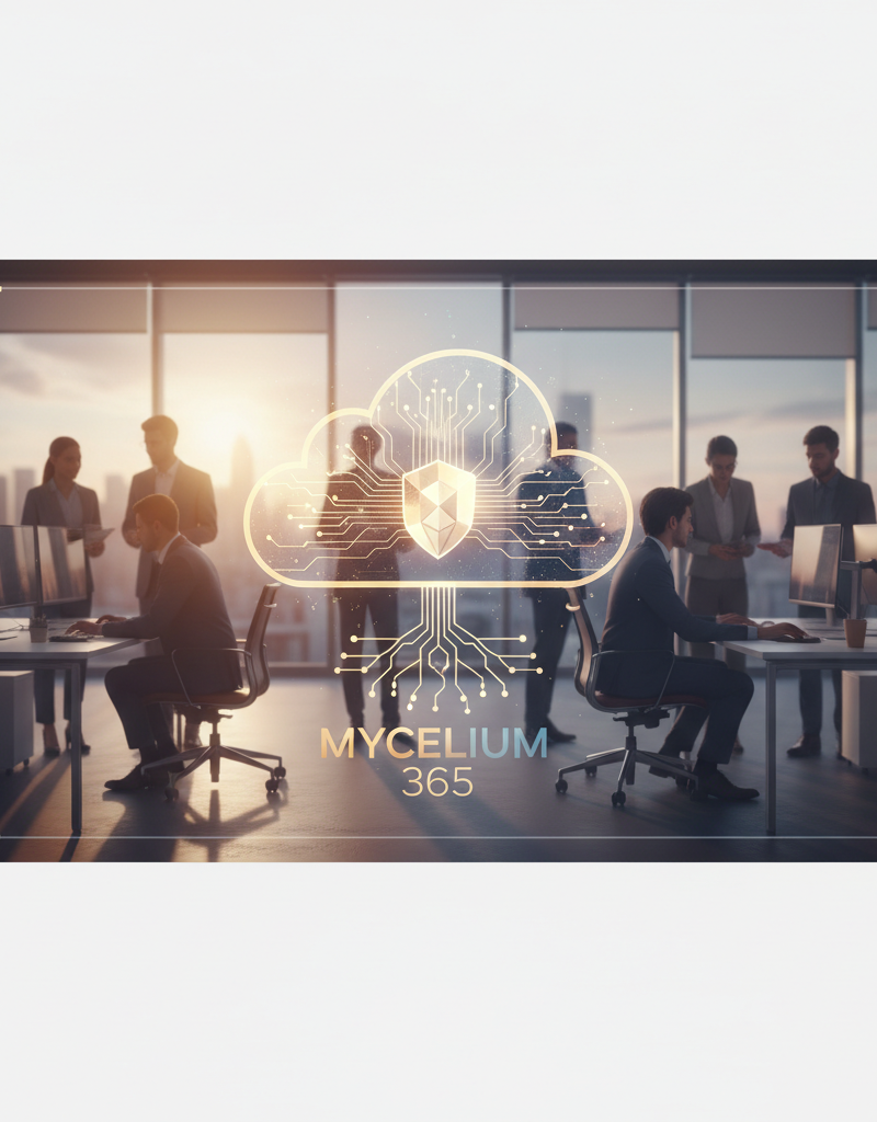 A futuristic graphic representing data security and cloud connectivity, with the Mycelium 365 logo subtly integrated.