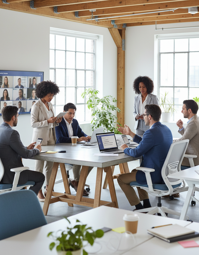 Office workers collaborating in a modern, bright office space using Microsoft Teams on various devices (laptops, tablets, phones)