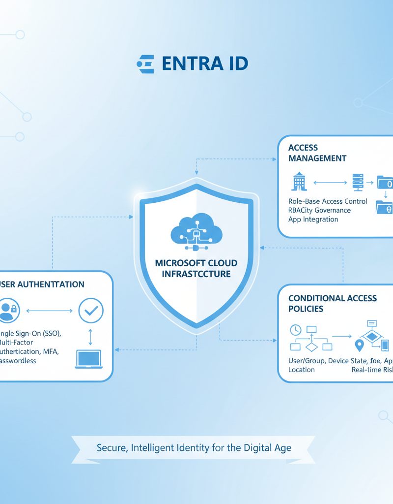 Diagram illustrating the functionalities of Entra ID, including user authentication, access management, and conditional access policies, all secured by Microsoft's cloud infrastructure.