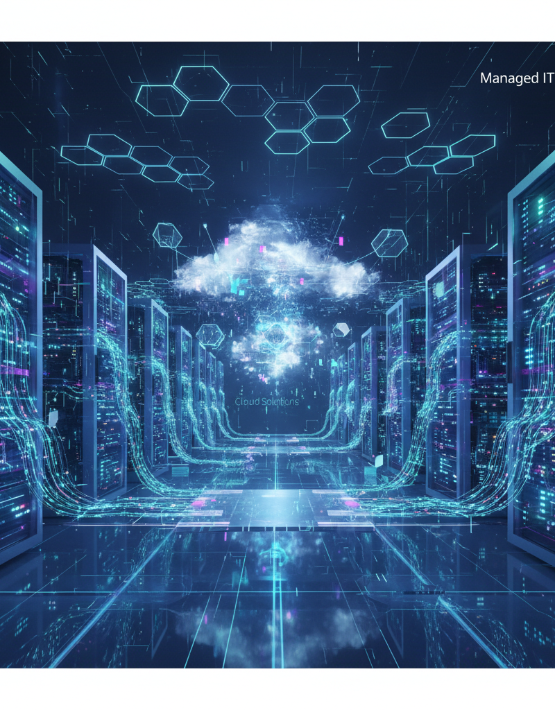 A secure data center with rows of servers and blinking lights, representing the robust infrastructure behind managed IT services and cloud solutions.
