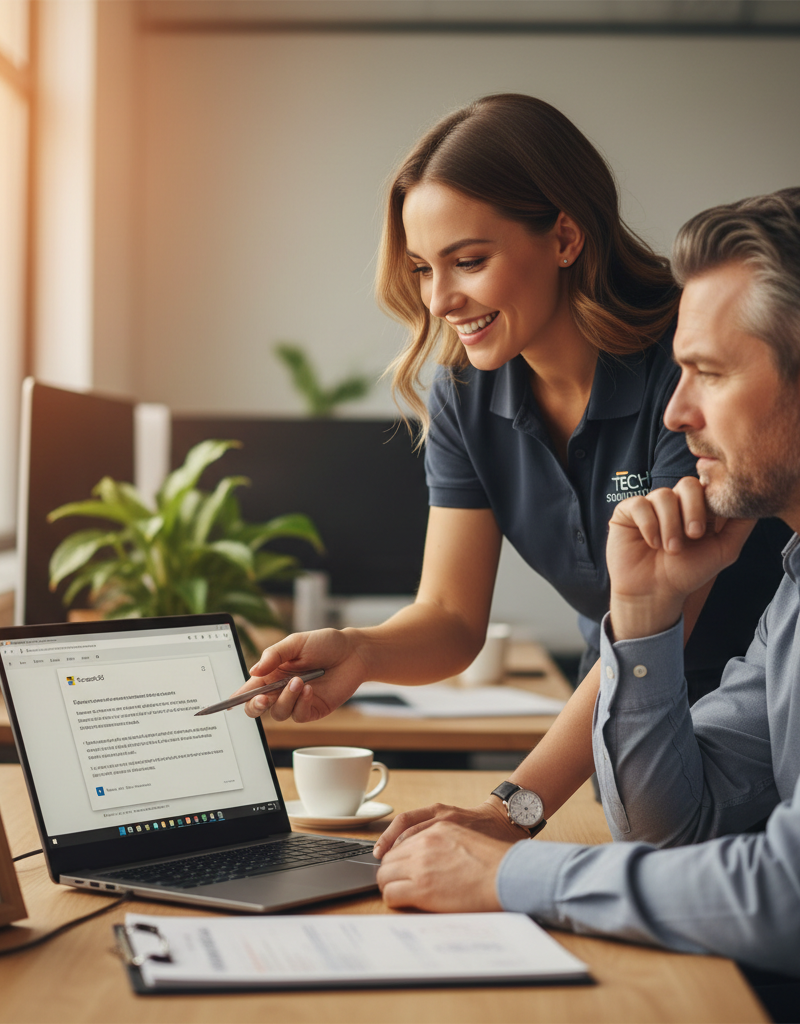 A friendly IT support technician assisting a client with a Microsoft 365 issue on their laptop, showcasing the personalized support offered by managed IT services.
