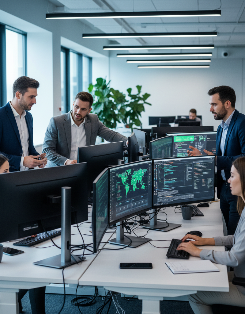A team of IT professionals working collaboratively in a modern office environment, monitoring network activity on multiple screens. The atmosphere is focused and efficient.