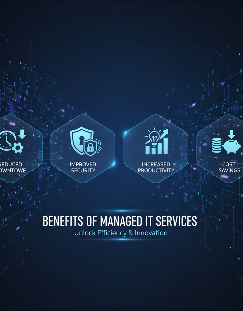 A chart illustrating the benefits of managed IT services, including reduced downtime, improved security, increased productivity, and cost savings. Each benefit is represented by a clear and concise icon.