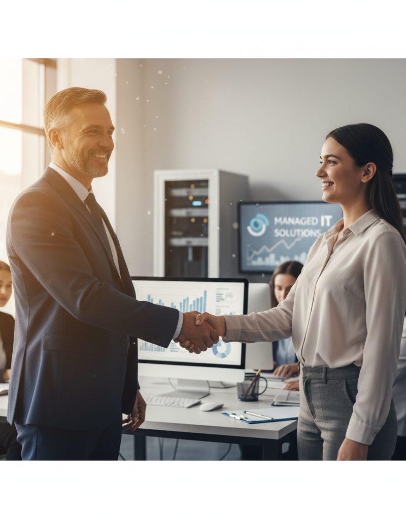 A satisfied business owner shaking hands with an IT consultant, symbolizing a successful partnership and the positive impact of managed IT services on business growth.