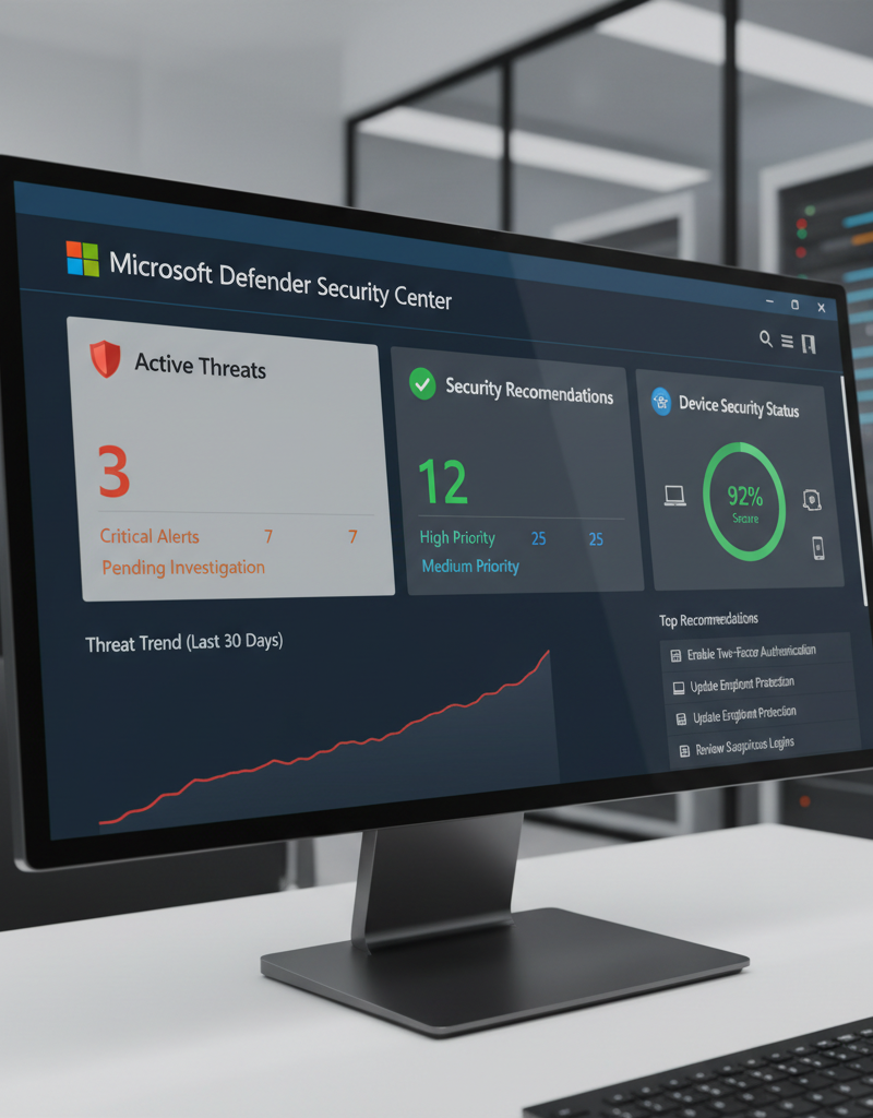 A screenshot of the Microsoft Defender dashboard, showing active threats and security recommendations.