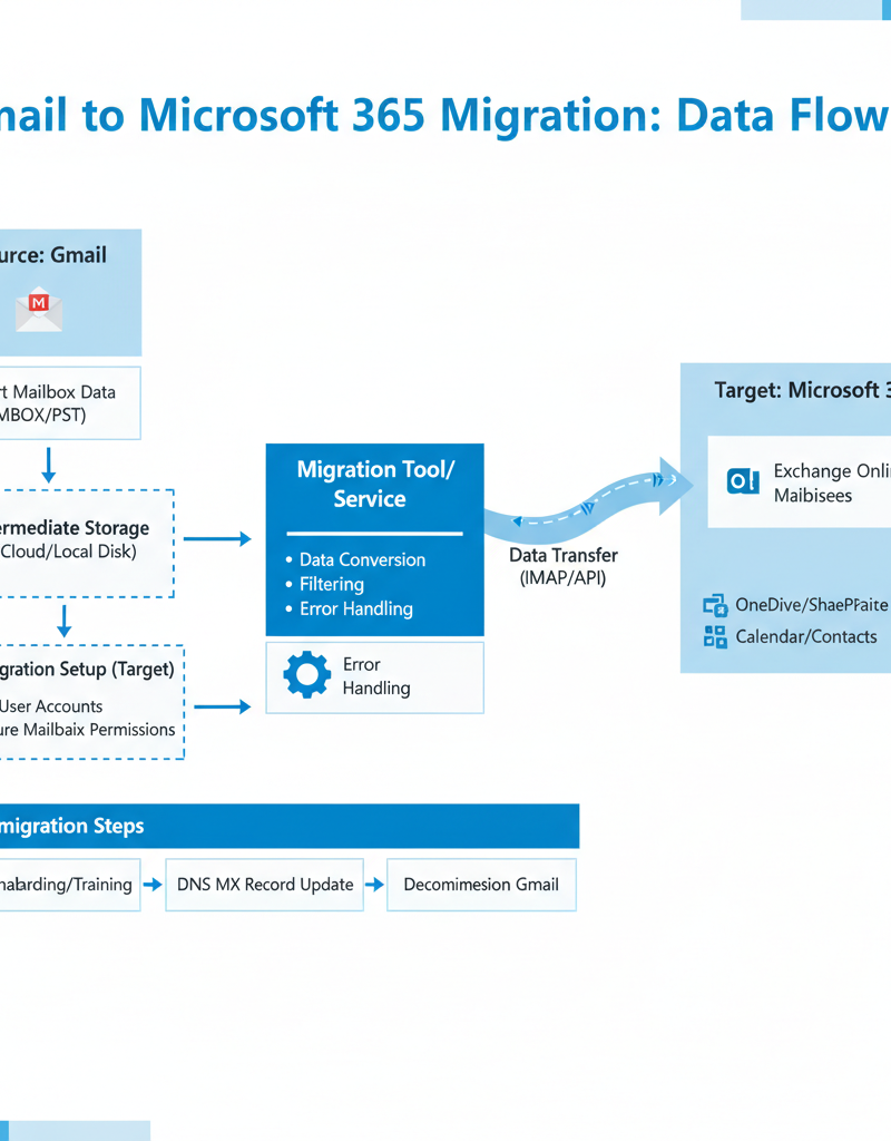 A diagram illustrating the data flow during a Gmail to Microsoft 365 migration, highlighting the key steps involved.