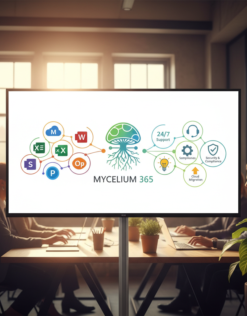 A graphic showcasing the Mycelium 365 logo with icons representing various Microsoft 365 services and support offerings.
