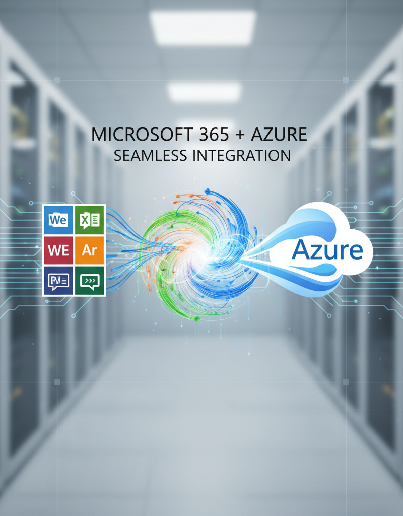 Illustration of Microsoft 365 and Azure logos merging, representing seamless integration.