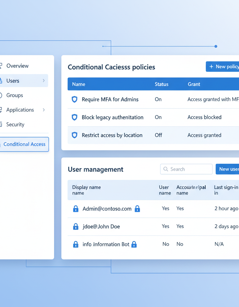 Screenshot of the Entra ID admin center, showcasing conditional access policies and user management features.