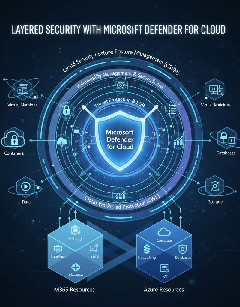 Diagram illustrating the layered security approach of Microsoft Defender for Cloud, protecting M365 and Azure resources.