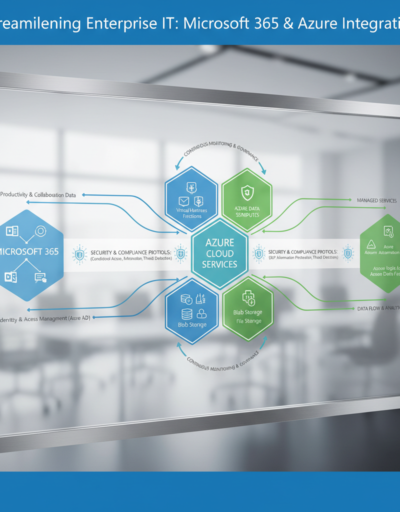 A diagram illustrating the integration of Microsoft 365 and Azure, showing data flow, security protocols, and managed services.