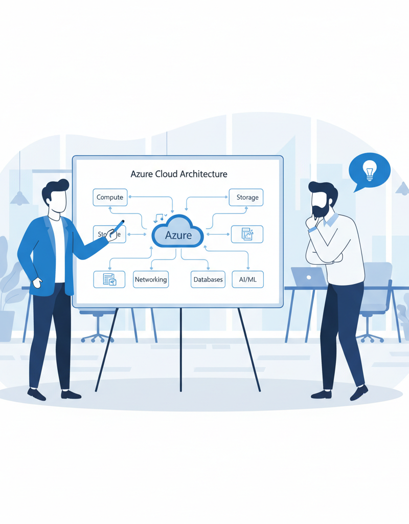 A consultant explaining Azure architecture on a whiteboard to a business owner in a modern office setting.