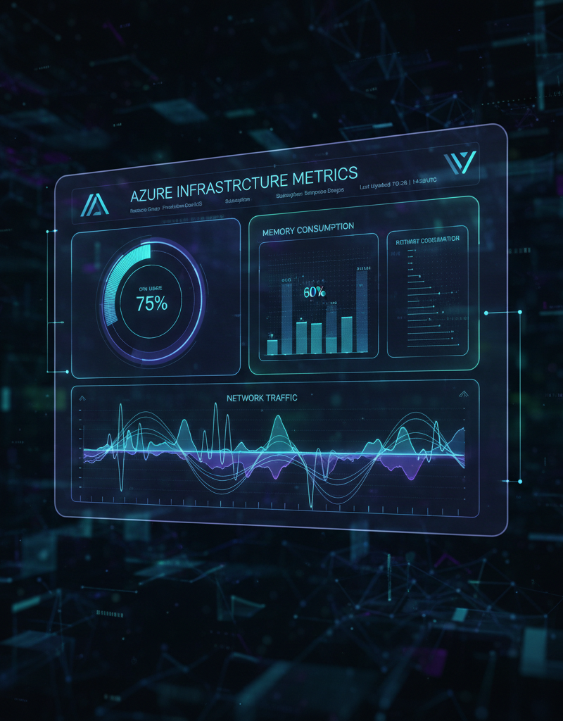 A dashboard displaying Azure infrastructure metrics, including CPU usage, memory consumption, and network traffic.