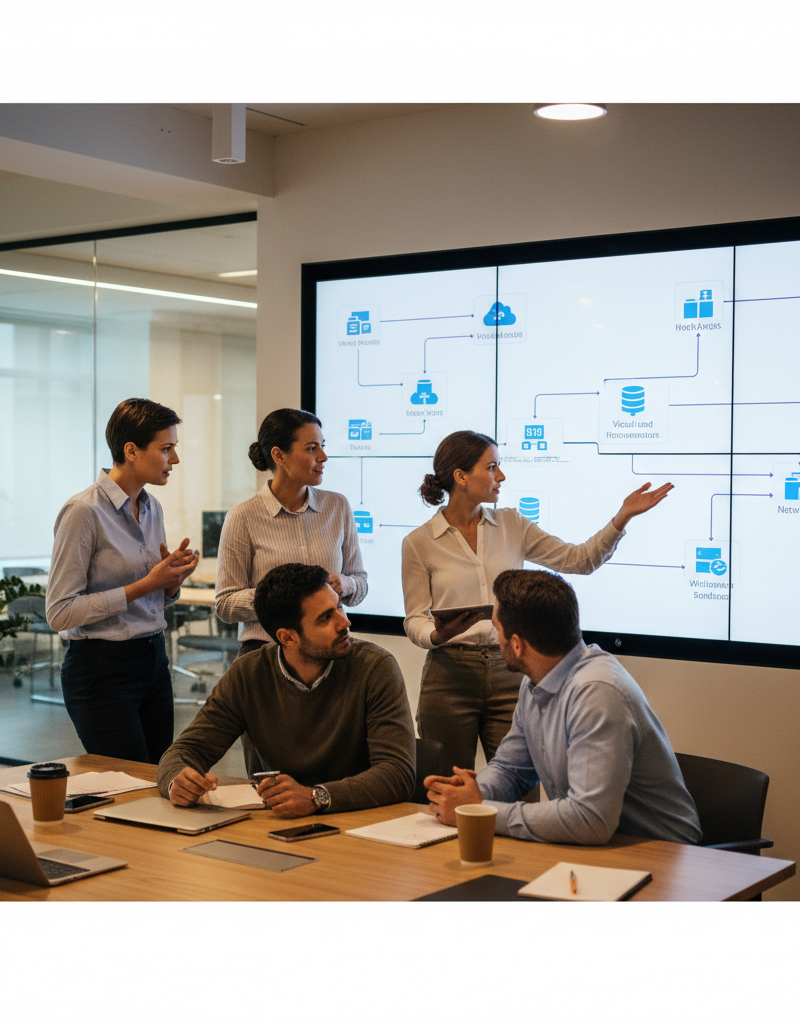 A team of IT professionals collaborating around a large screen displaying Azure cloud infrastructure diagrams.