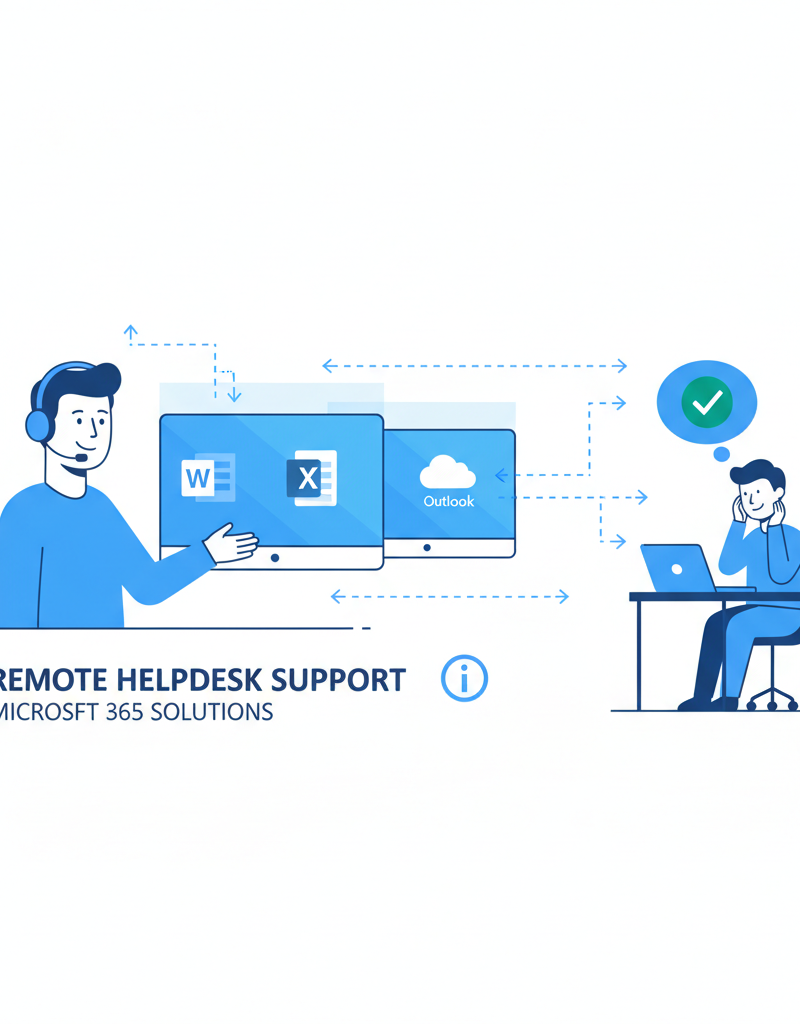 A technician providing remote Helpdesk Support, using a headset and multiple monitors to assist a user with a Microsoft 365 issue.