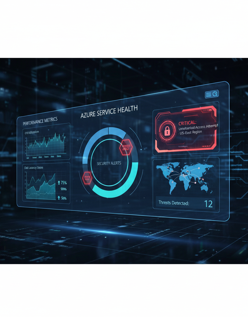 A dashboard displaying the status of various Azure services, highlighting security alerts and performance metrics.