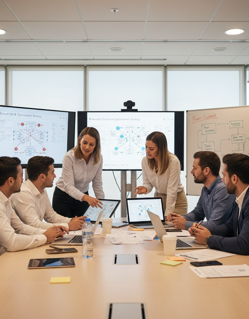 A team of IT professionals collaborating around a table, discussing strategies for optimising a client's Microsoft 365 and Azure environment.