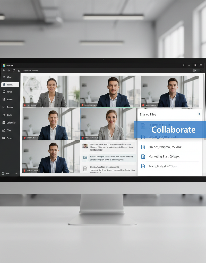 Screenshot of Microsoft Teams interface showing a video call and file sharing options, highlighting collaboration features.