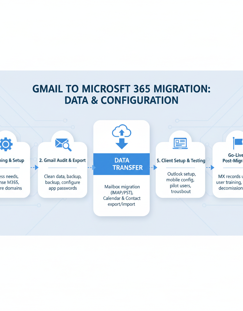 Diagram illustrating the steps involved in migrating from Gmail to Microsoft 365, emphasizing data transfer and configuration.