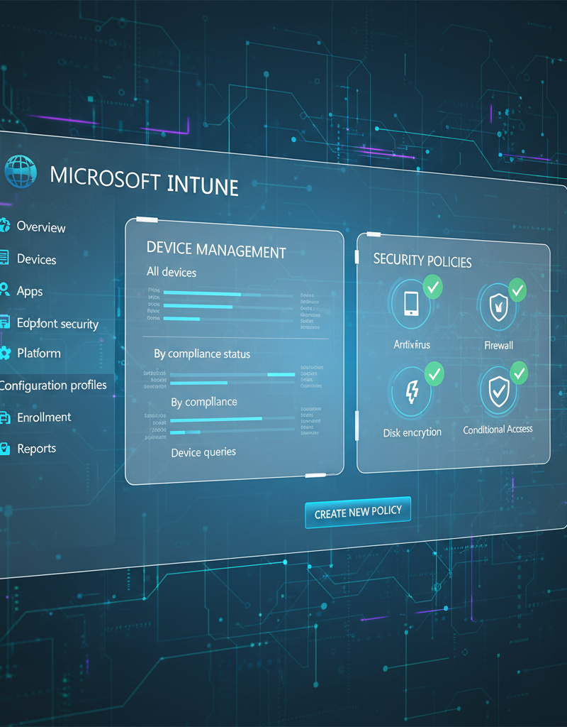 Screenshot of the Microsoft Intune console, showing device management options and security policies.