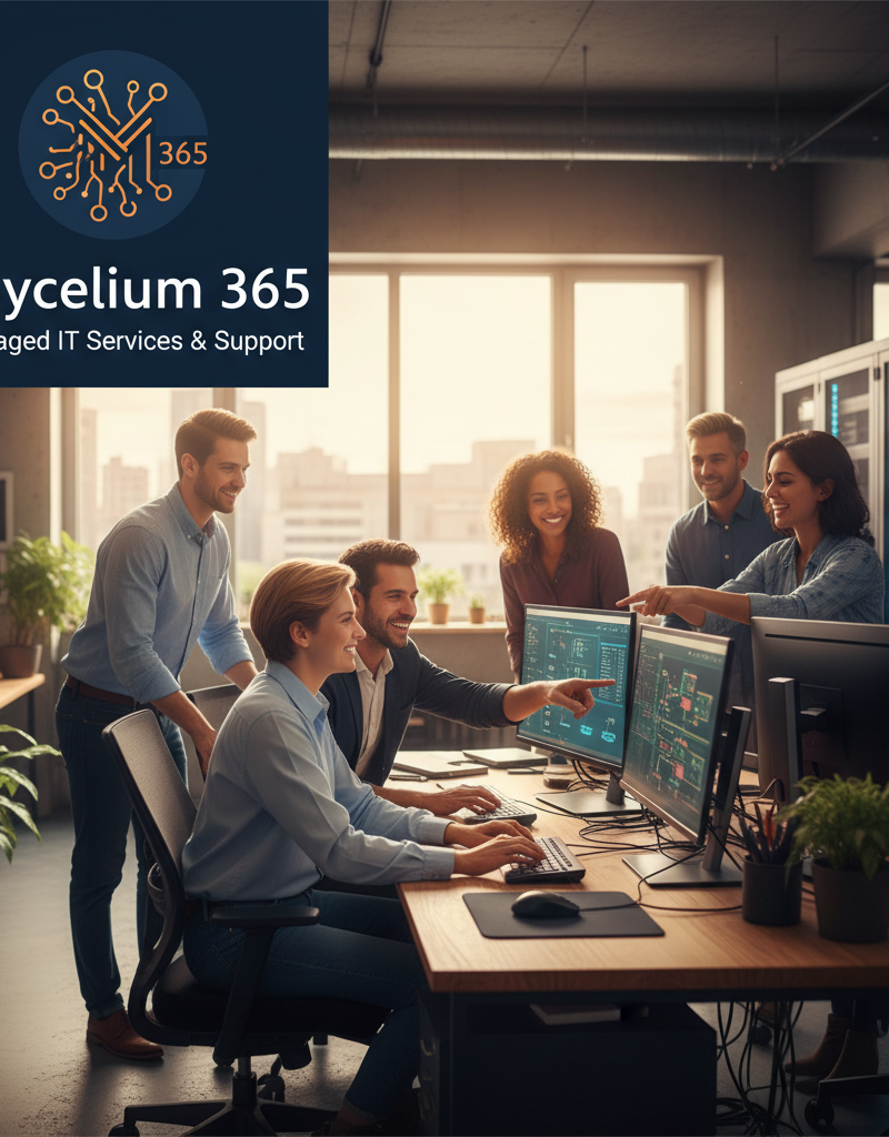 A graphic showing Mycelium 365 logo and a depiction of a team working together on computers, representing managed IT services and support.